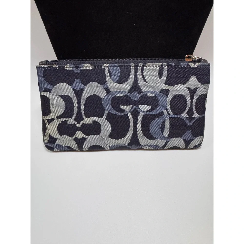 Coach Signature Jacquard Wristlet Blue Grey Monogram Buckle Detail Pouch